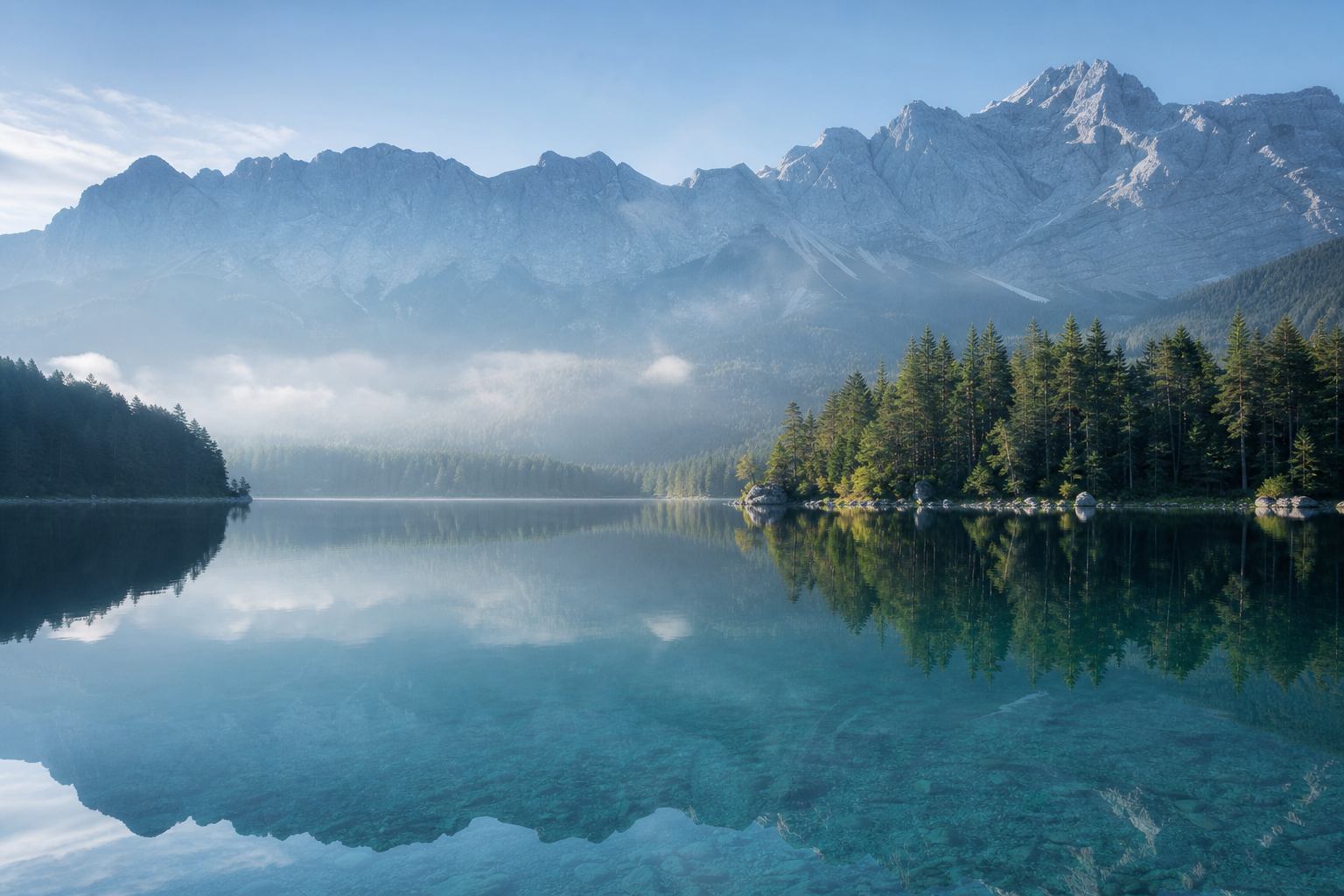 Alpensee mit kühlem Wasser und Gebirgshorizont