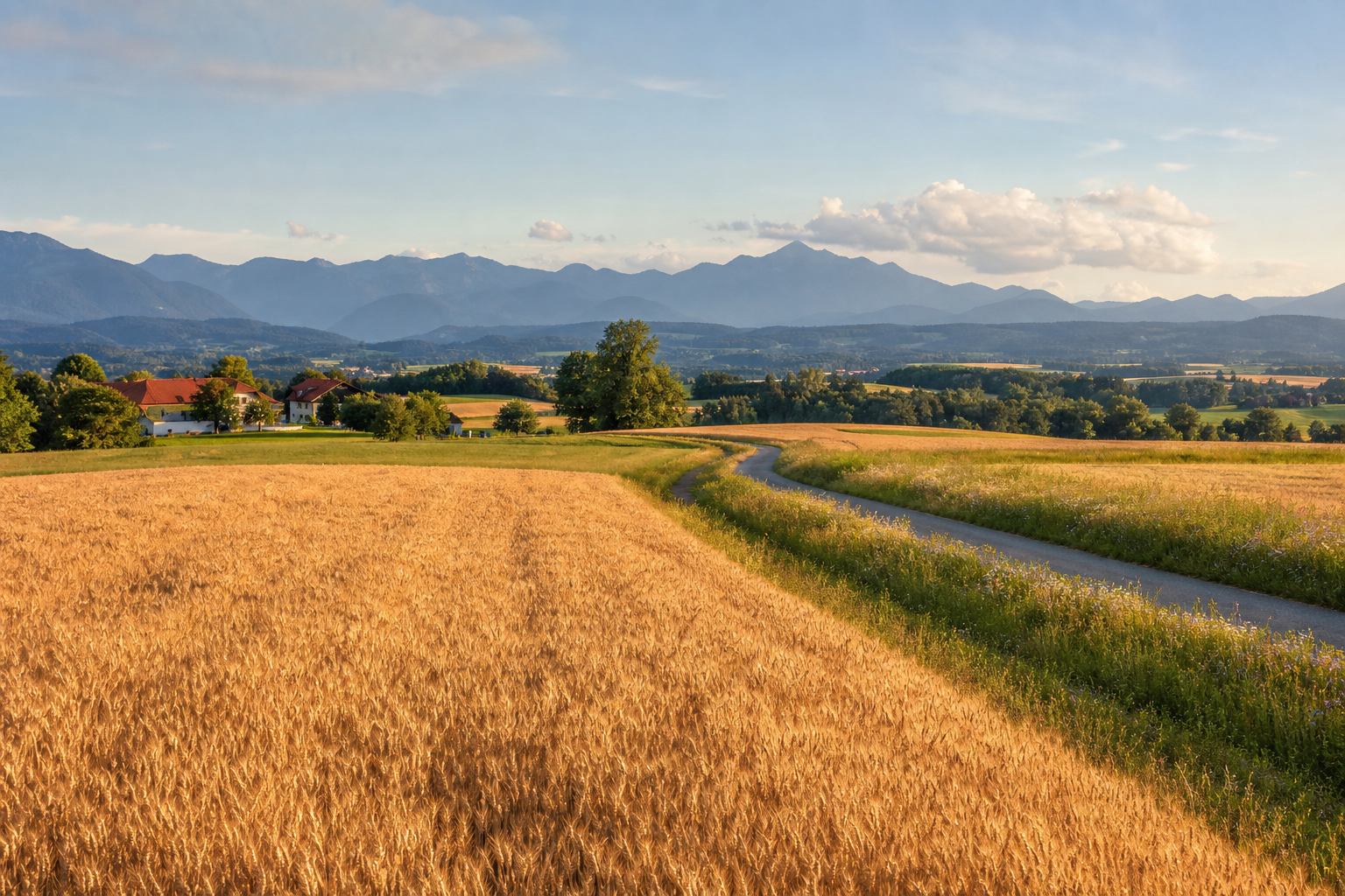 Goldene Felder und blaue Hügel in Bayern
